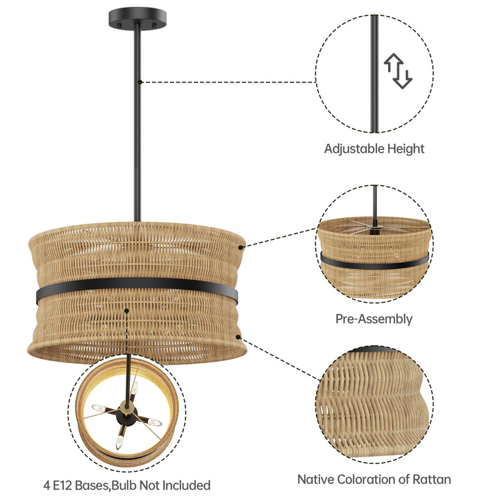 4-Light Rattan Shaded Drum Chandelier For Dinning Room #28026