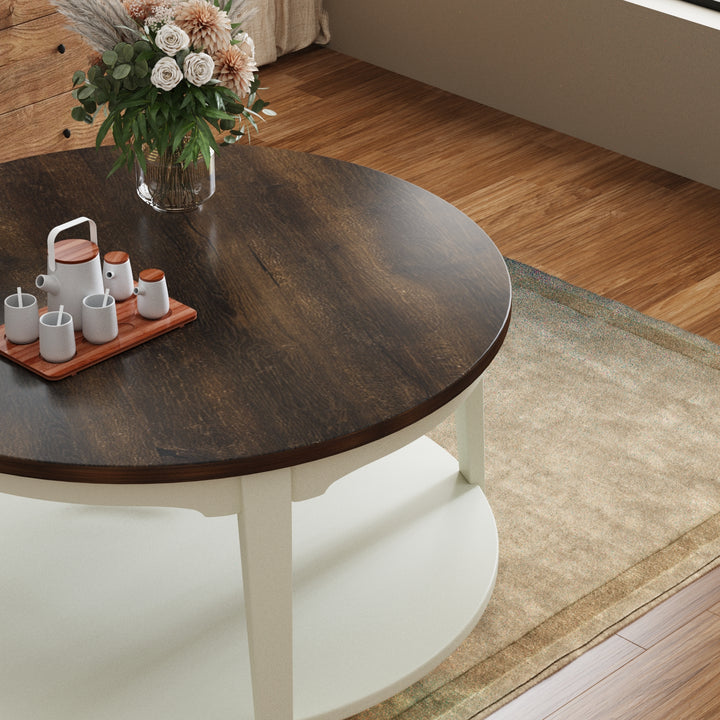 Timeless 31.5'' Round Modern Solid Wood Coffee Table With 2-Tier Shelves #51003