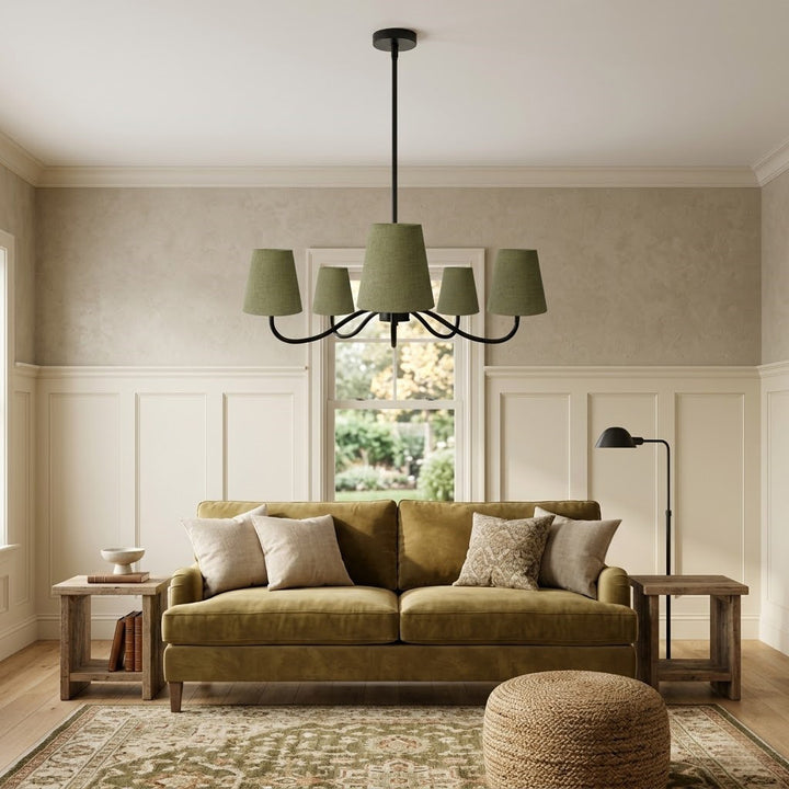 Twilight 5-light Brush Gold & White Burlap Modern Farmhouse Chandelier With Kd Shades For Dining Room #39001