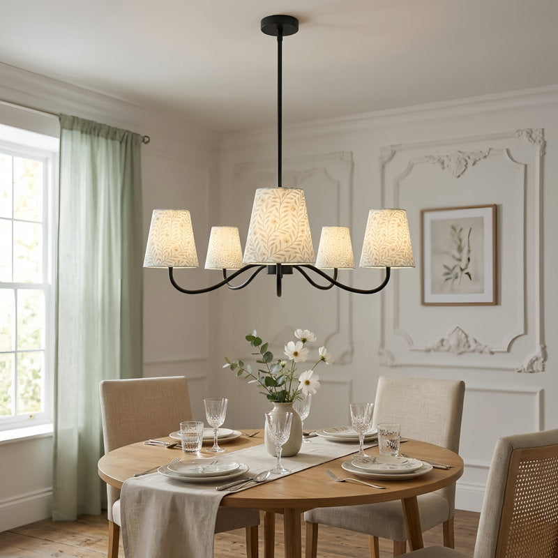 Twilight 5-light Brush Gold & White Burlap Modern Farmhouse Chandelier With Kd Shades For Dining Room #39001