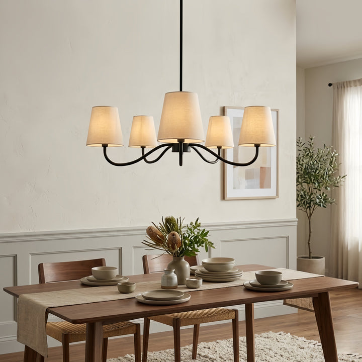 Twilight 5-light Brush Gold & White Burlap Modern Farmhouse Chandelier With Kd Shades For Dining Room #39001