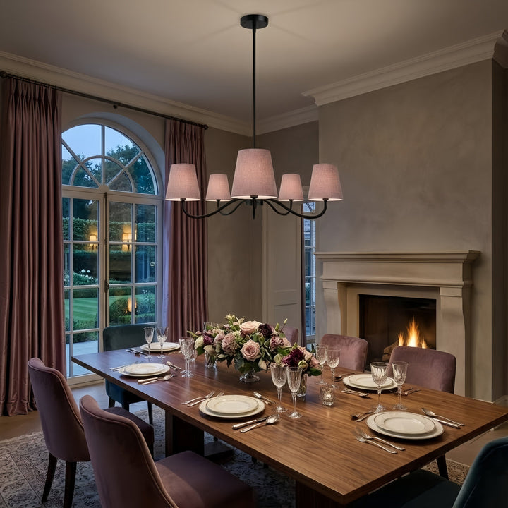 Twilight 5-light Brush Gold & White Burlap Modern Farmhouse Chandelier With Kd Shades For Dining Room #39001