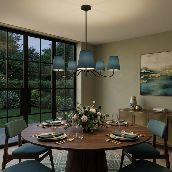 Twilight 5-light Brush Gold & White Burlap Modern Farmhouse Chandelier With Kd Shades For Dining Room #39001