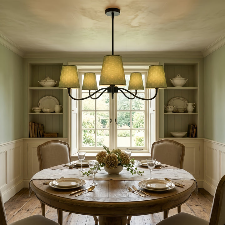 Twilight 5-light Brush Gold & White Burlap Modern Farmhouse Chandelier With Kd Shades For Dining Room #39001