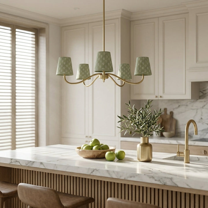 Twilight 5-light Brush Gold & White Burlap Modern Farmhouse Chandelier With Kd Shades For Dining Room #39001