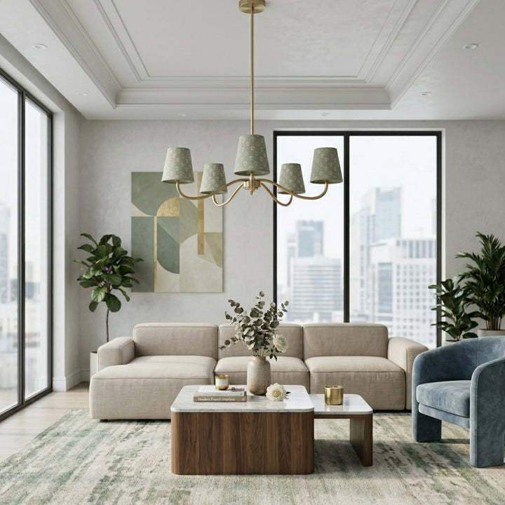 Twilight 5-light Brush Gold & White Burlap Modern Farmhouse Chandelier With Kd Shades For Dining Room #39001