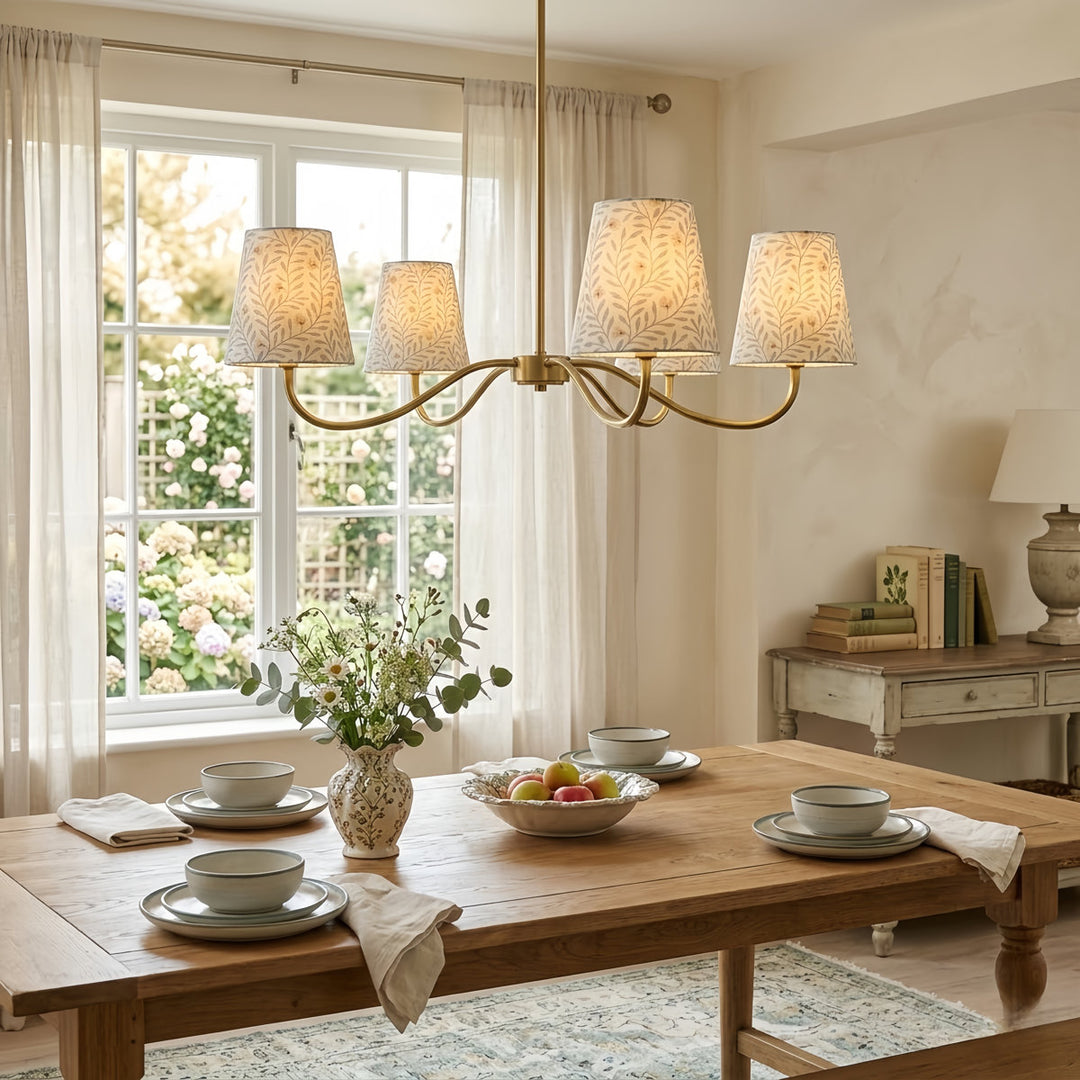 Twilight 5-light Brush Gold & White Burlap Modern Farmhouse Chandelier With Kd Shades For Dining Room #39001