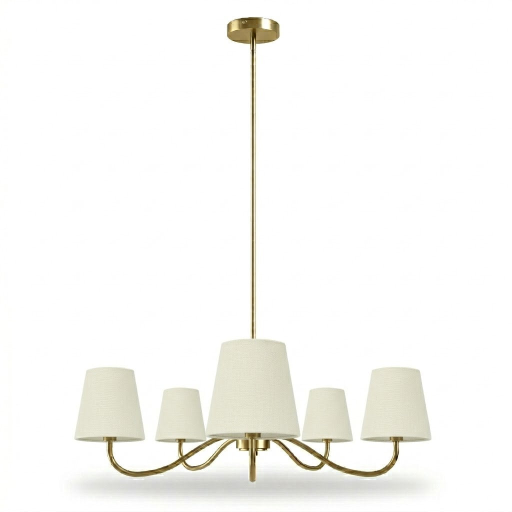 Twilight 5-light Brush Gold & White Burlap Modern Farmhouse Chandelier With Kd Shades For Dining Room #39001