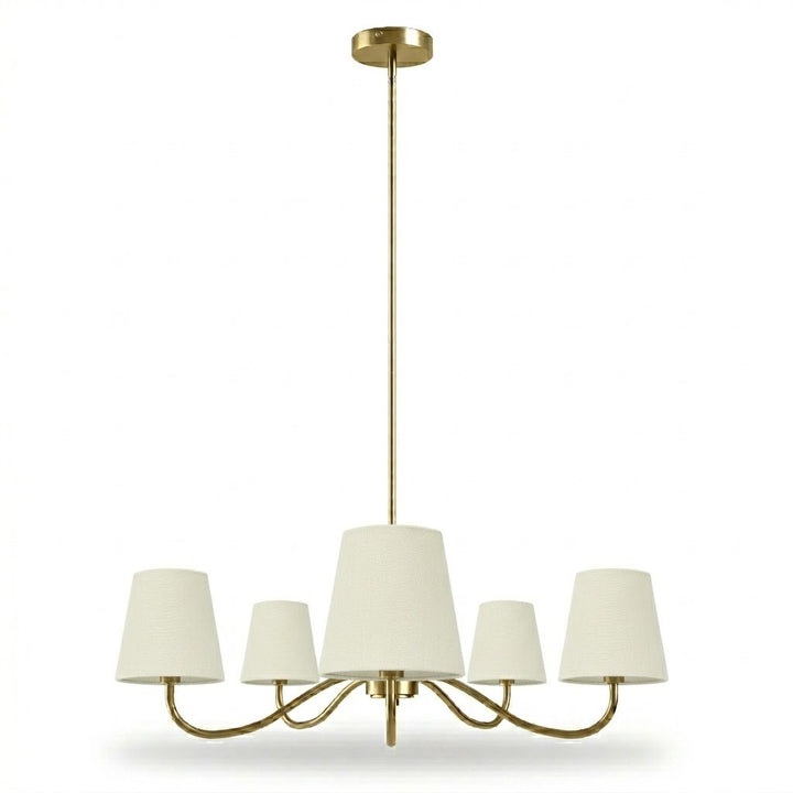 Twilight 5-light Brush Gold & White Burlap Modern Farmhouse Chandelier With Kd Shades For Dining Room #39001