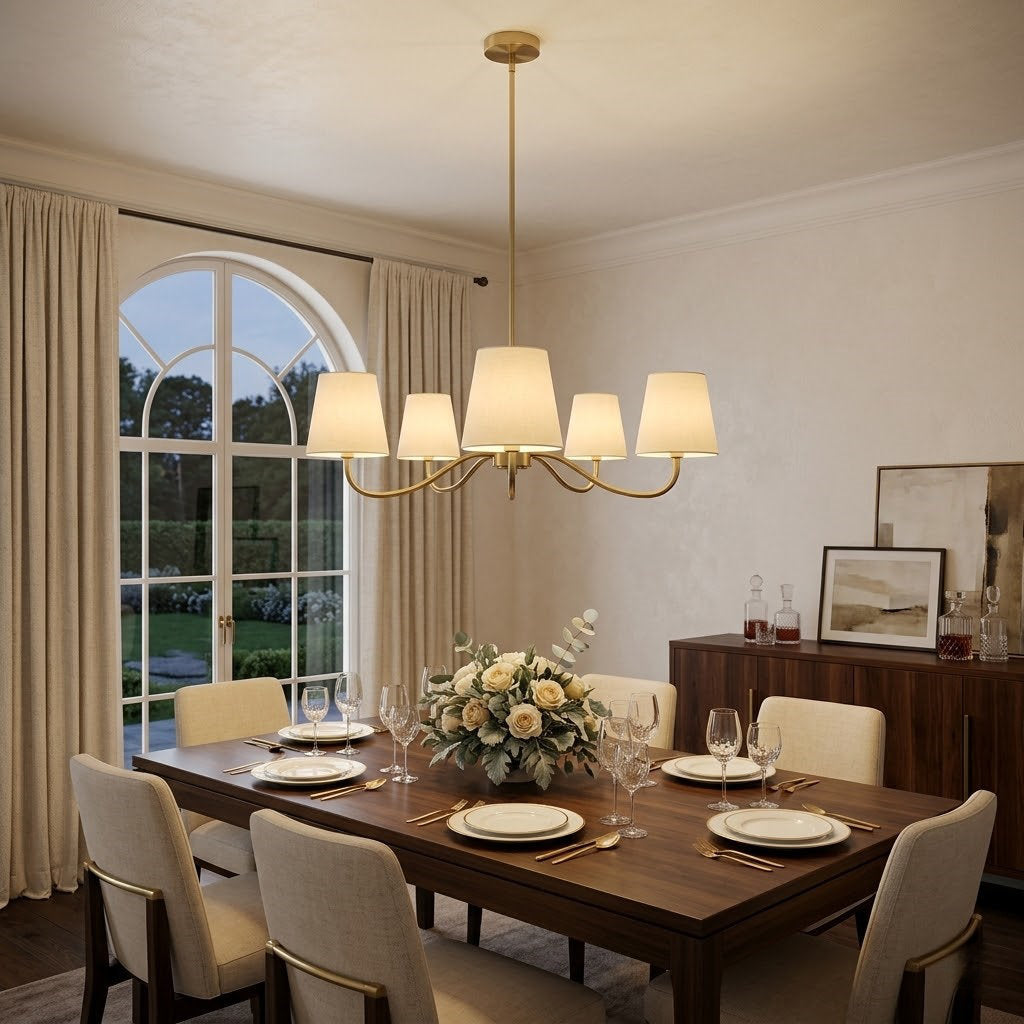 Twilight 5-light Brush Gold & White Burlap Modern Farmhouse Chandelier With Kd Shades For Dining Room #39001