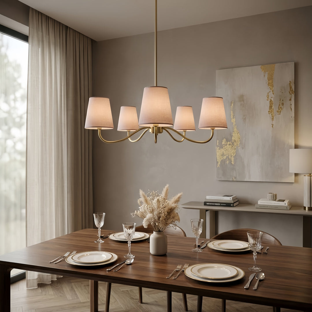 Twilight 5-light Brush Gold & White Burlap Modern Farmhouse Chandelier With Kd Shades For Dining Room #39001