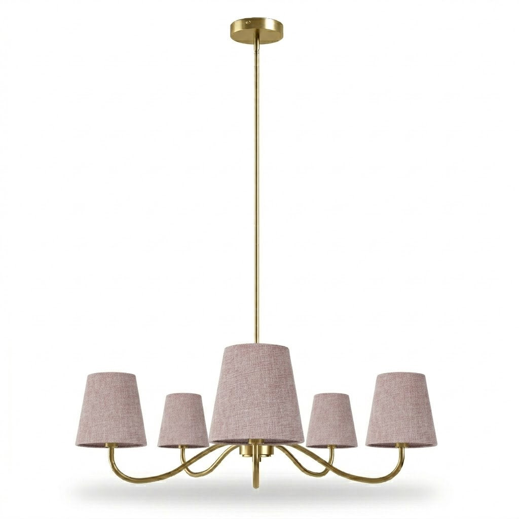 Twilight 5-light Brush Gold & White Burlap Modern Farmhouse Chandelier With Kd Shades For Dining Room #39001