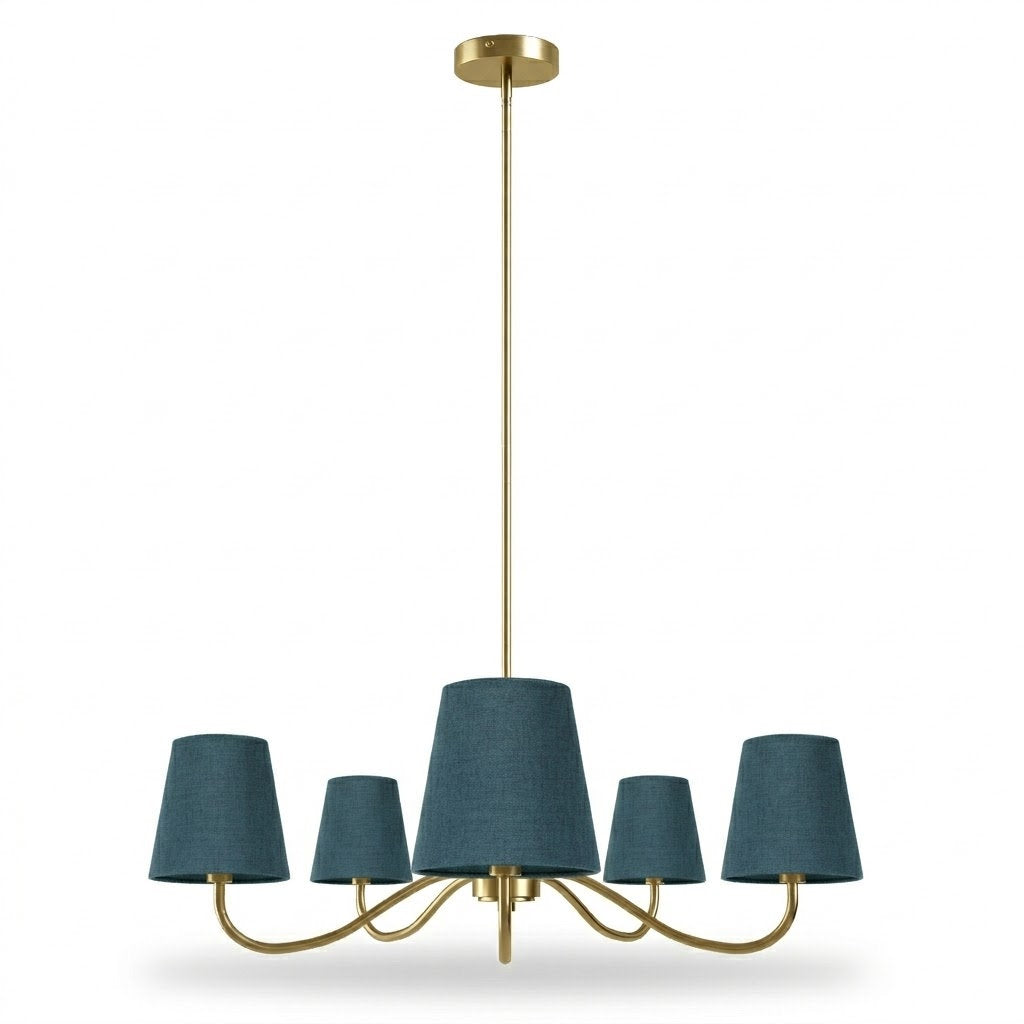 Twilight 5-light Brush Gold & White Burlap Modern Farmhouse Chandelier With Kd Shades For Dining Room #39001