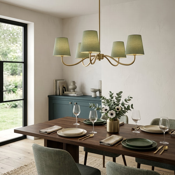 Twilight 5-light Brush Gold & White Burlap Modern Farmhouse Chandelier With Kd Shades For Dining Room #39001