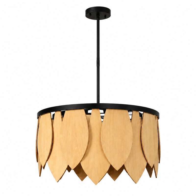 28" Wide Natural Wood Drum Chandelier with Matte Black Finish for Dining Room & Bedroom #53009