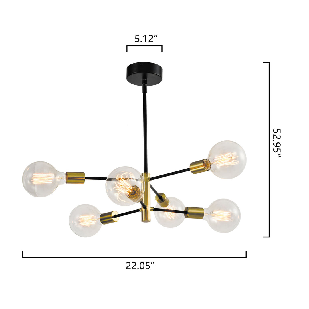 Maxax 6-Light Glass Globe Sputnik Chandelier, 52.95" Black and Gold Height Adjustable Pendant Lighting for Dining Room, Living Room #MX21037-P6