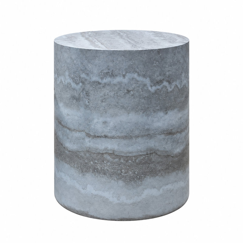 21-inch modern round fiberglass end table with beige travertine look