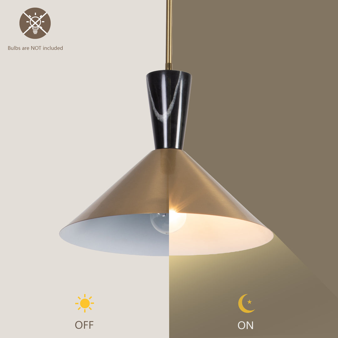 1-Light 13.8"W Black Metal Modern Cone Pendant With Marble Decoration For Kitchen Island Or Dining Room #19236