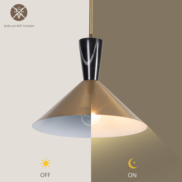 1-Light 13.8"W Black Metal Modern Cone Pendant With Marble Decoration For Kitchen Island Or Dining Room #19236