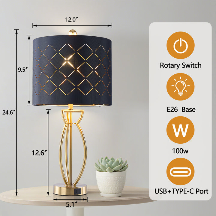 Lustre 24.6'' Traditional Gold Metal Table Lamp With Usb For Living Room/Bedroom #T274