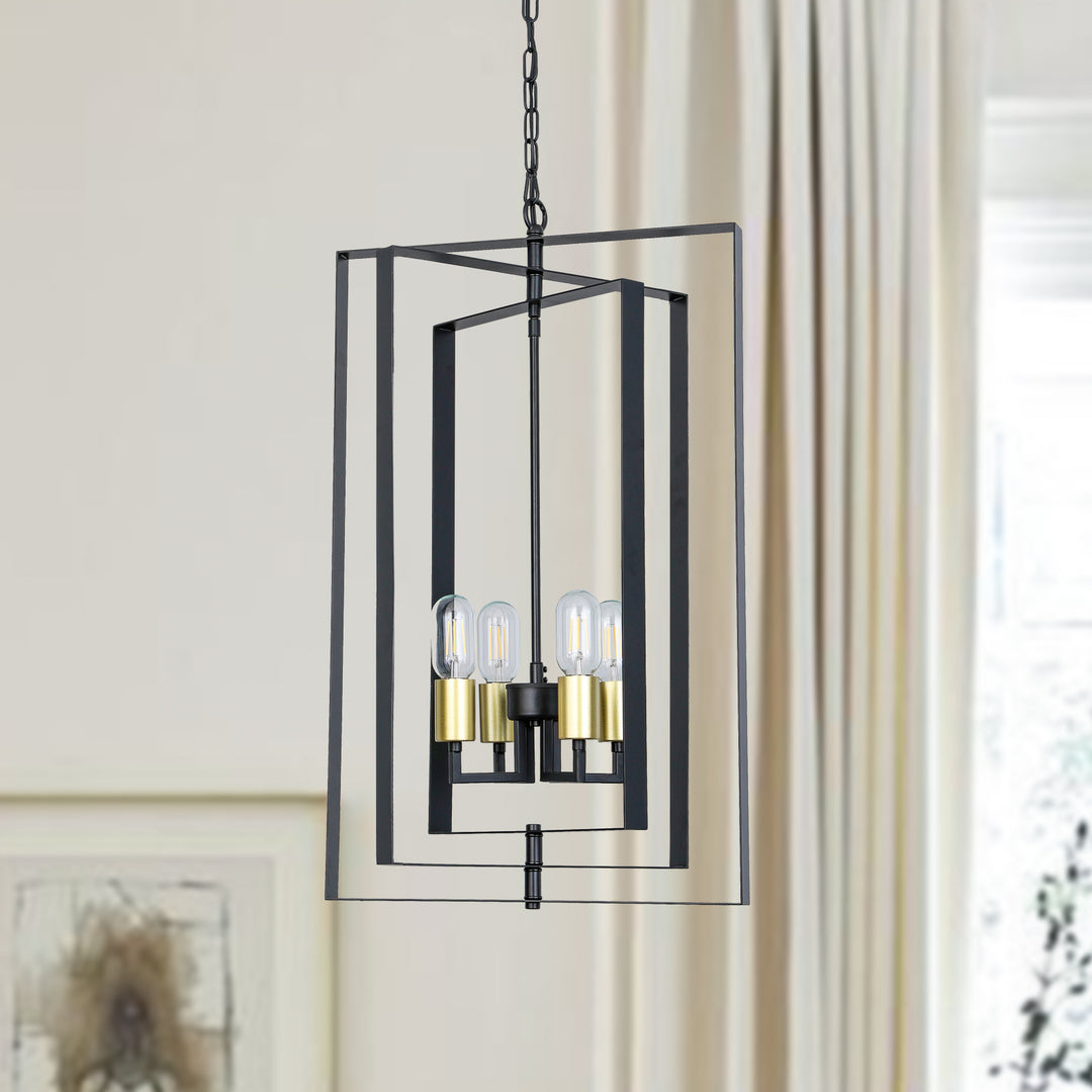 Maxax 4-Light Lantern&Candle Style Geometric Black&Gold Chandelier With Wrought Iron Accents #MX19117-4BG-P