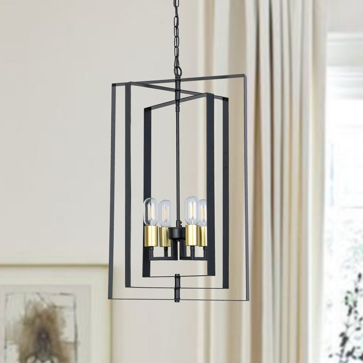 Maxax 4-Light Lantern&Candle Style Geometric Black&Gold Chandelier With Wrought Iron Accents #MX19117