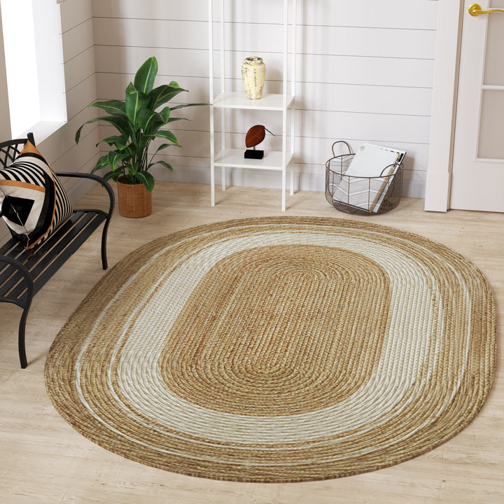 4modernhome Jute Hand Braided Zigzag Stitch Natural Fibers Farmhouse Style Area Rug For Dining Room Living Room Kitchen, Off White/Natural #DT23-5