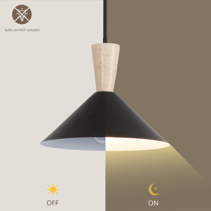 1-Light 13.8"W Black Metal Modern Cone Pendant With Marble Decoration For Kitchen Island Or Dining Room #19236
