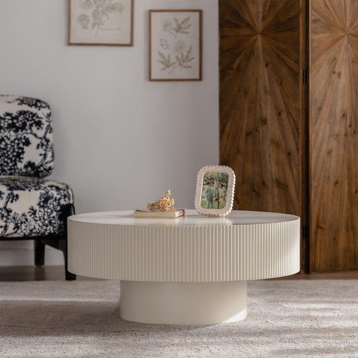 Timeless 31.5 Inch Modern Round Coffee Table With Solid Wood Groove Design For Living Room #25016