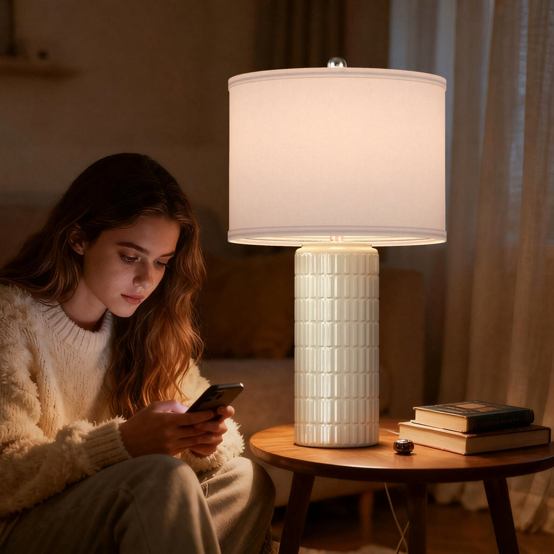 Aura 23" Contemporary Ceramic Table Lamp With Linen Shade, Modern Minimalist Design (Set of 2) #T282