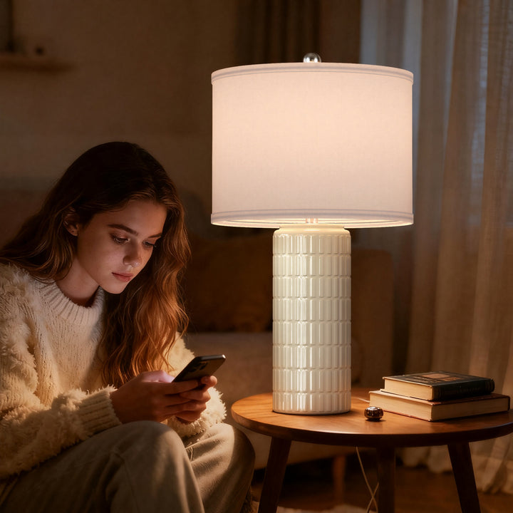 Aura 23" Contemporary Ceramic Table Lamp With Linen Shade, Modern Minimalist Design (Set of 2) #T282