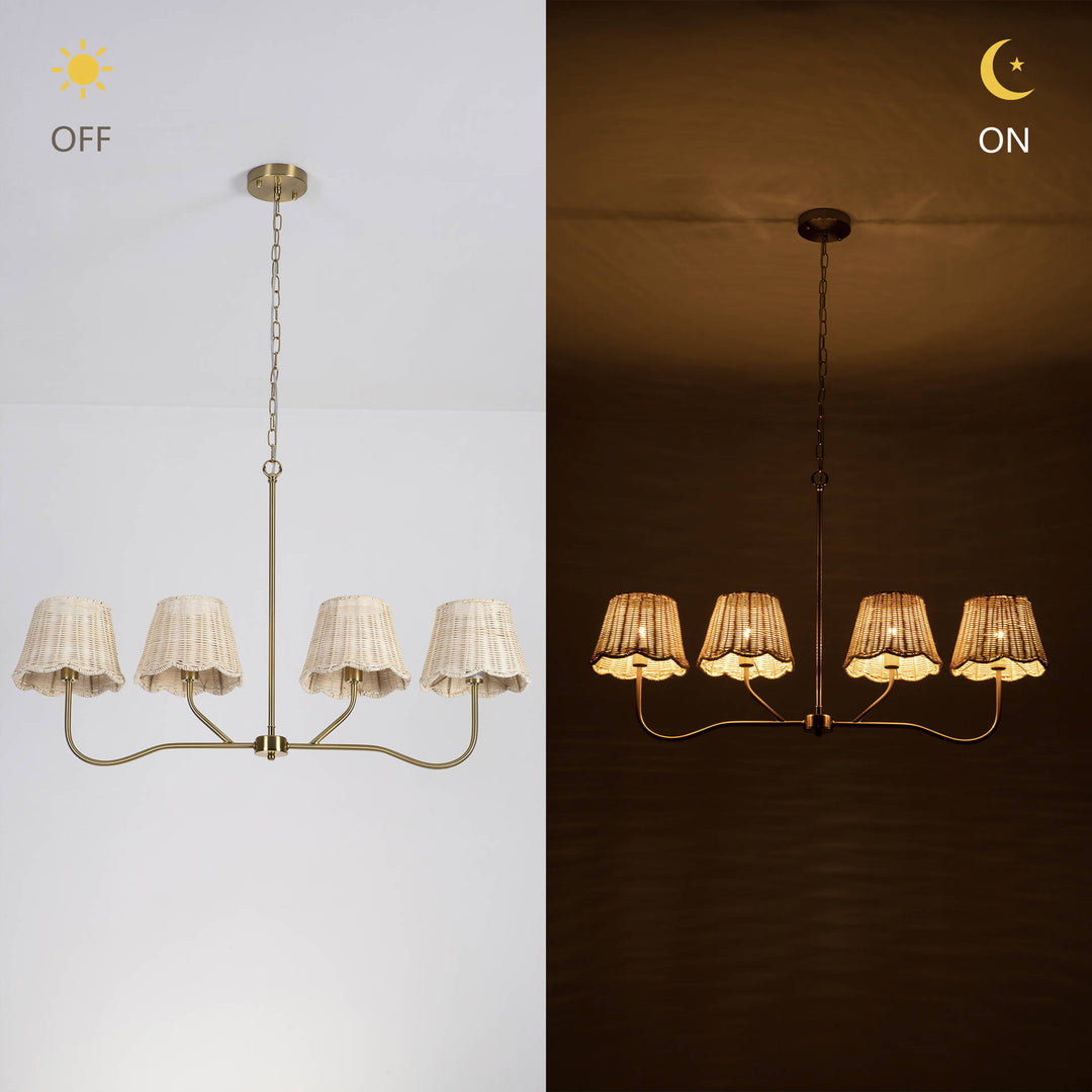 Zenith 4-light 36" Polished Brass Linear Kitchen Island Pendant With Rattan Shades For Dining Room #19231