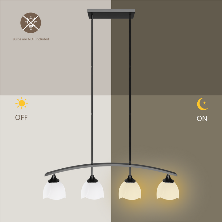 Twilight 4-Light 36"W Black/Brass Modern Linear Pendant Chandelier With Flower Frosted Glass Shades For Dining Room Or Kitchen Island #P39015