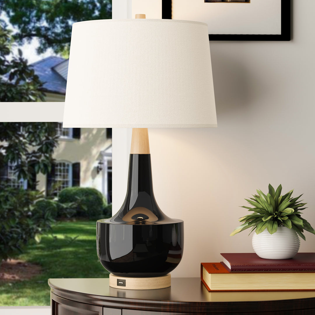 26'' Modern Minimalist Ceramic And Solid Wood Table Lamp with USB Ports #T223