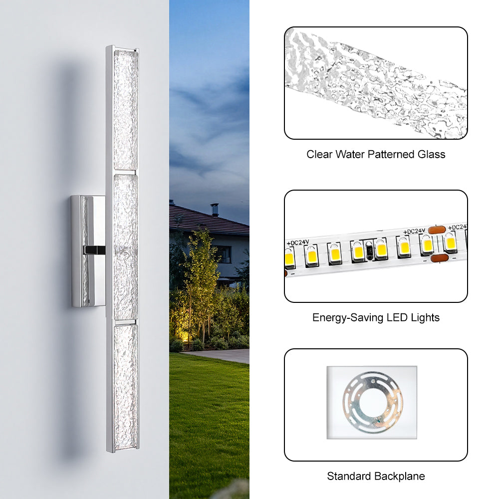 Elysian 24''h Dimmable Led Chrome Iron 3cct Adjustable Outdoor Wall Light With Water Glass #WL7090