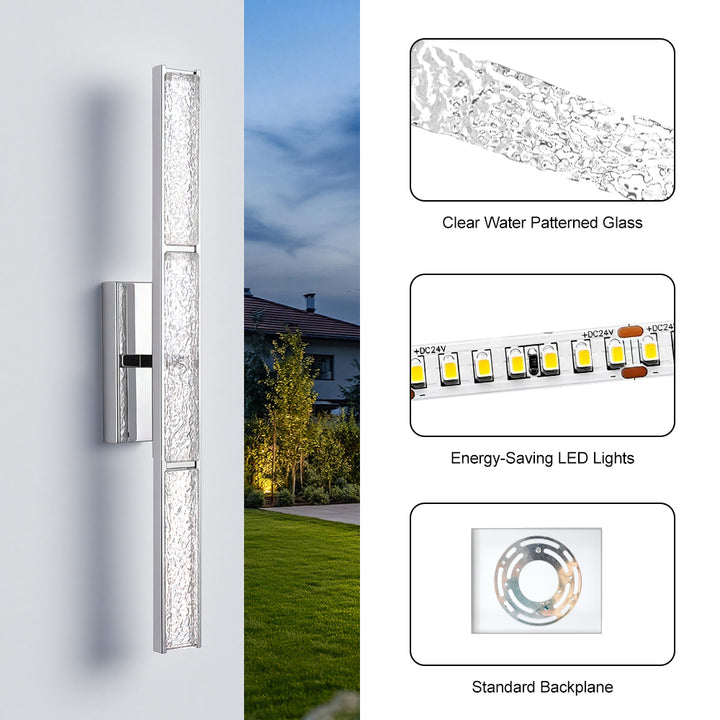 Elysian 24''h Dimmable Led Chrome Iron 3cct Adjustable Outdoor Wall Light With Water Glass #WL7090