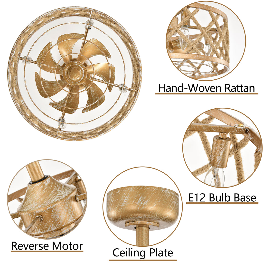 Maxax 19" Boho Caged Low Profile Ceiling Fan with Light and Remote, Stepless Color Temperature & 6 Speeds, Farmhouse Flush Mount Fan for Bedroom, Kitchen, Living Room, Kids Room #26001