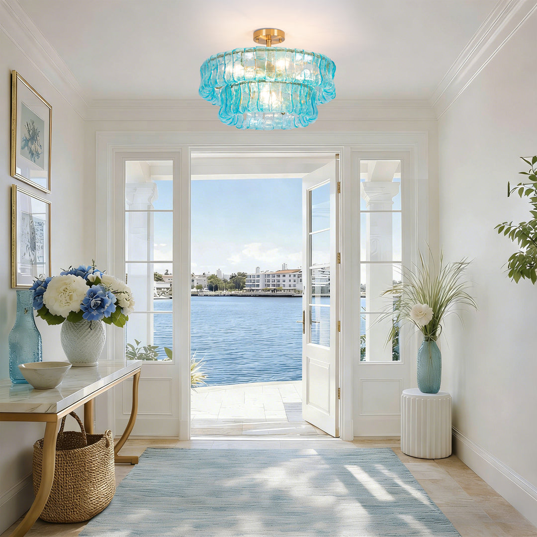 Lumen 20" 6-Light Brushed Brass Double-Layer Clear Artistic Glass Unique / Statement Semi-Flush Mount For Living Room/Bedroom #19235