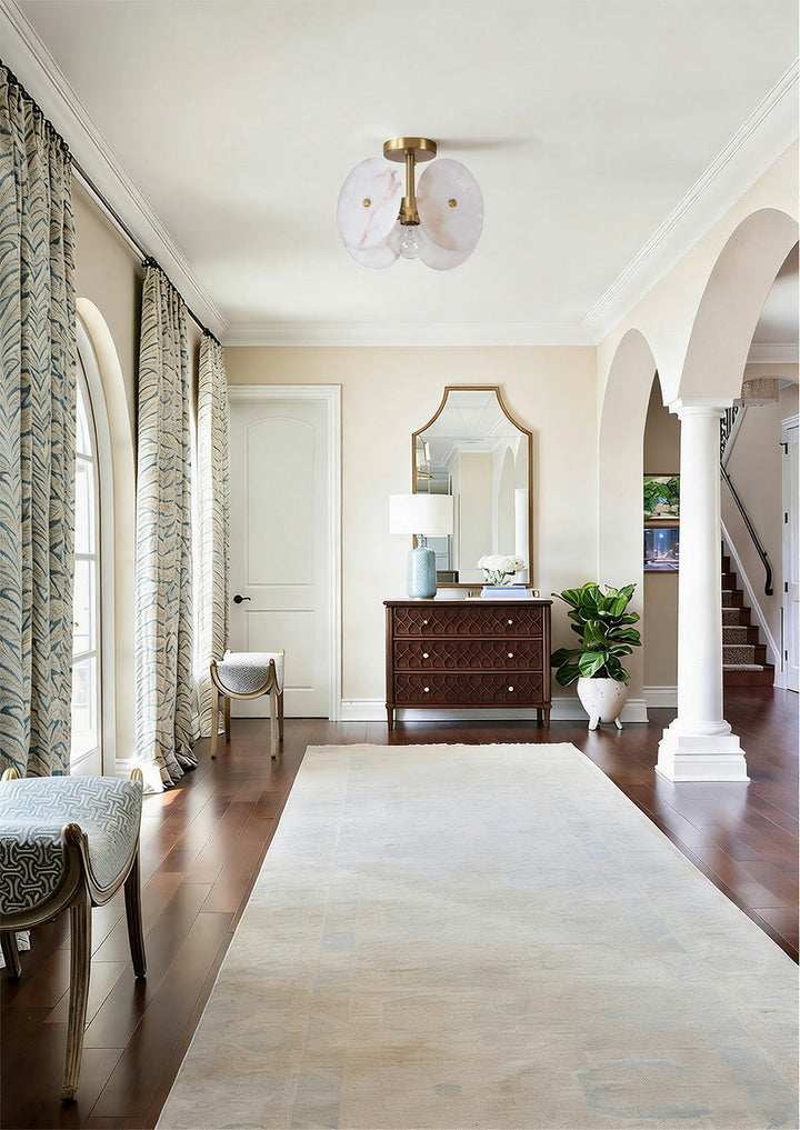 Nest 9.8" 1-Light Modern Brushed Brass Unique/Statement Semi-Flush Mount With White Jade Marble Shade For Hallways, Stairwells & Dining Rooms #19237