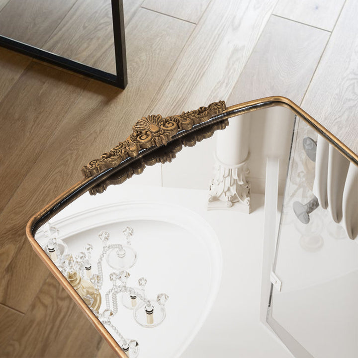 Opulence 37 in. W x 40 in. H Baroque Carved Vintage Gold Arched Framed Wall Bathroom Vanity Mirror #30002