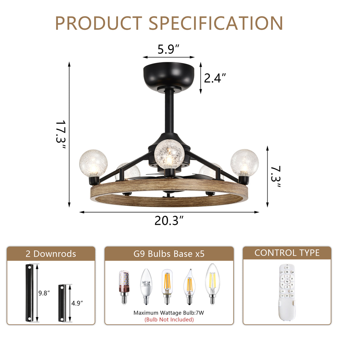 20.3'' Remote Control Reversible Matte Black Ceiling Fan With Lighting Kits