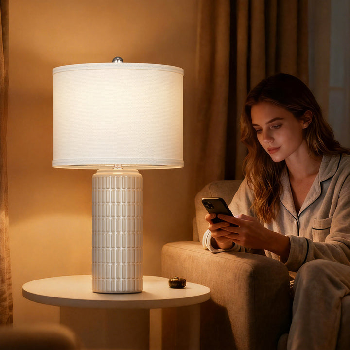 Aura 23" Contemporary Ceramic Table Lamp With Linen Shade, Modern Minimalist Design (Set of 2) #T282
