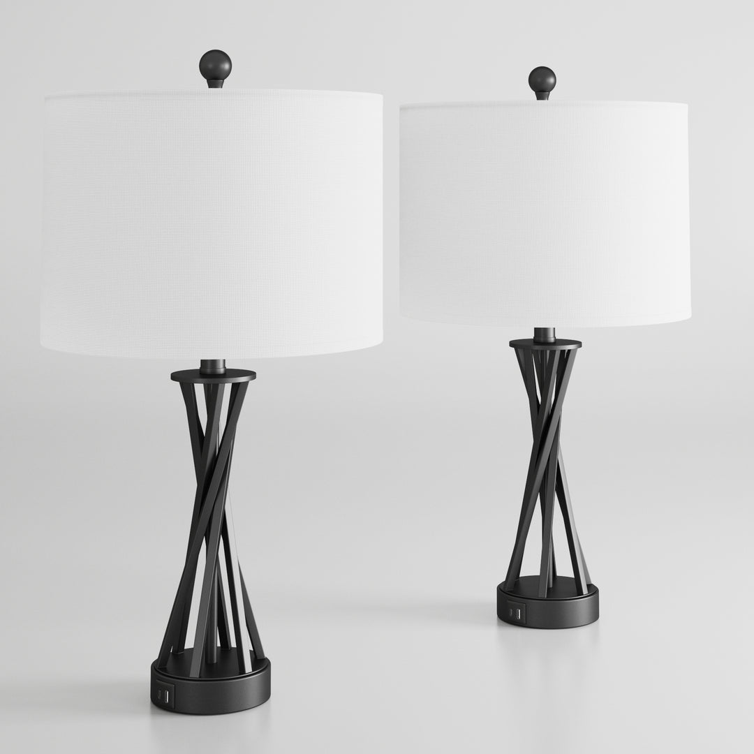 24'' Black Modern Metal Table Lamp With Usb Ports