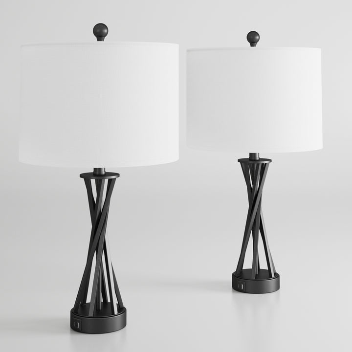 24'' Black Modern Metal Table Lamp With Usb Ports