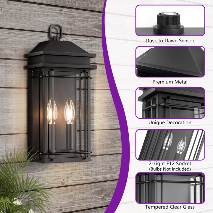 Solstice 2 - Light 16''H Black Iron Tempered Glass Outdoor Wall Light With Dusk To Dawn #7083