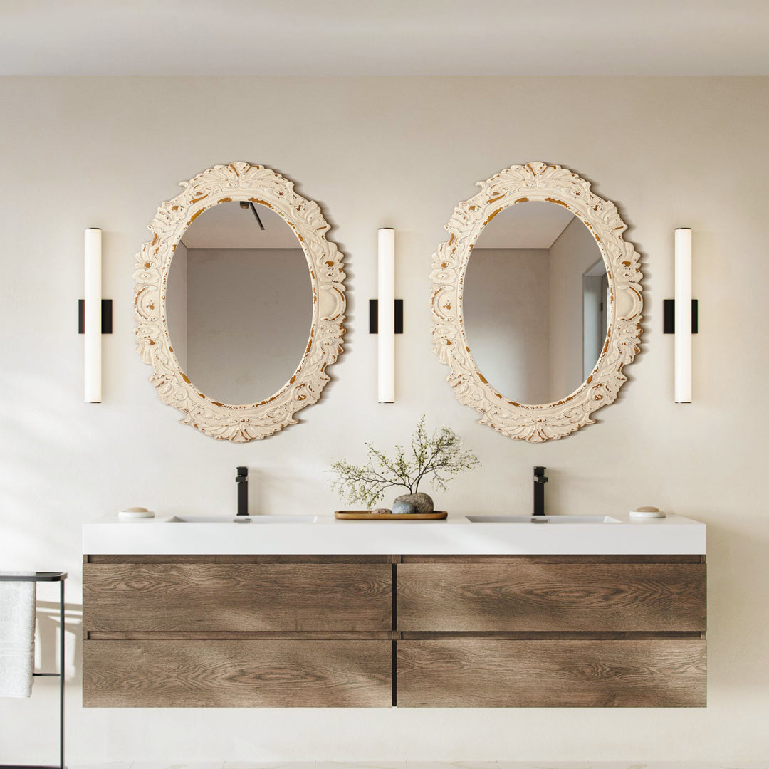 26 in. W x 34 in. H Antiqued White Baroque Oval Framed Wall Bathroom Vanity Mirror #25011