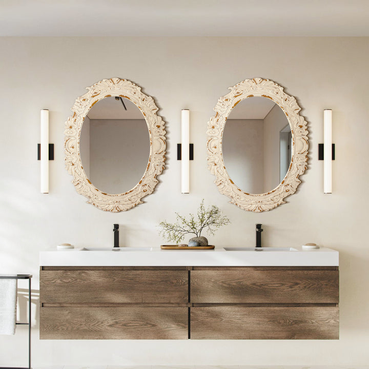 26 in. W x 34 in. H Antiqued White Baroque Oval Framed Wall Bathroom Vanity Mirror #25011