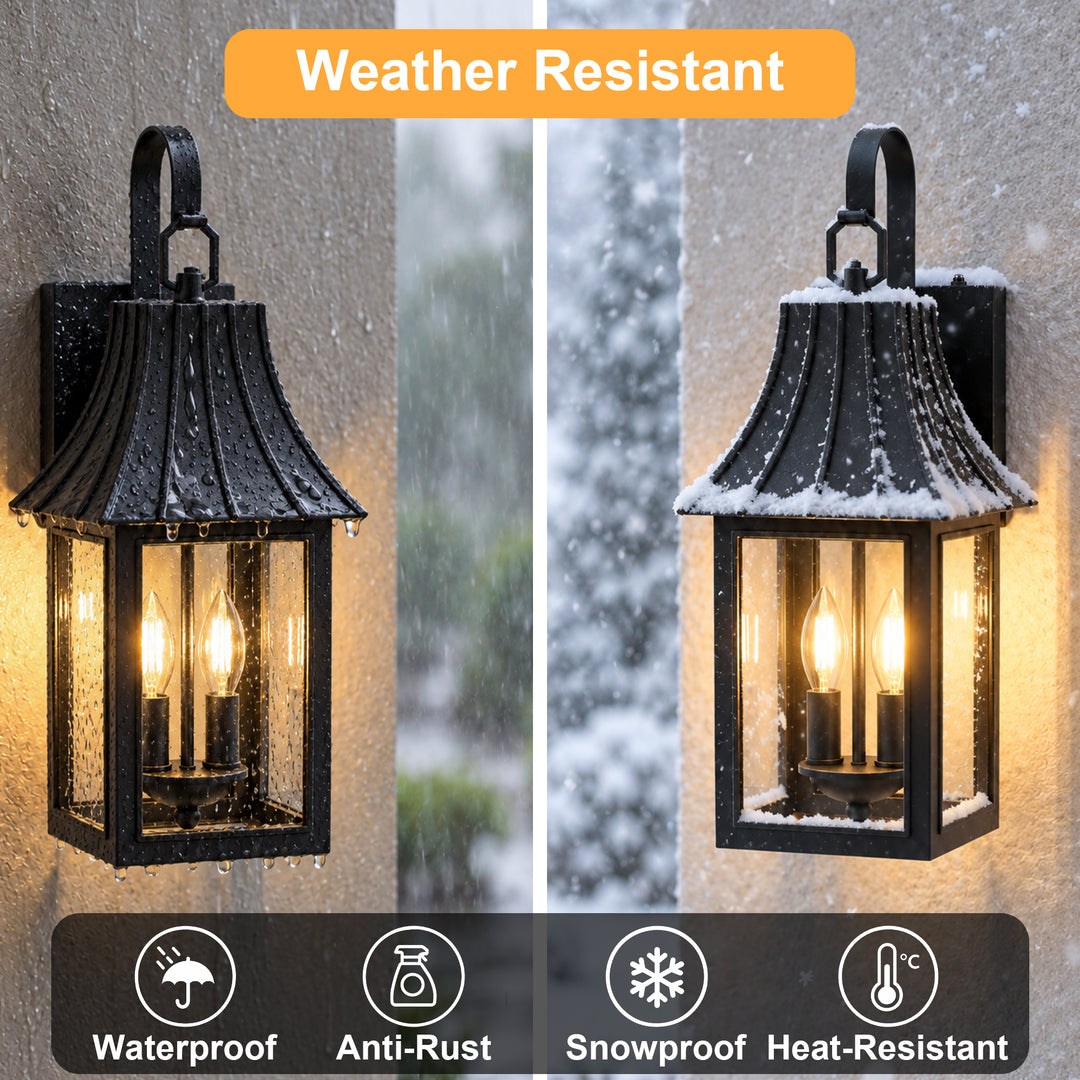 16" 1-Light Farmhouse Outdoor Wall Sconces with Dusk to Dawn Photocell, Weatherproof Matte Black Lanterns with Clear Glass, Set of 2 