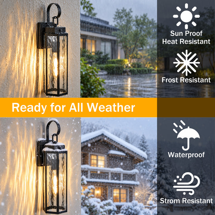 20" Farmhouse Outdoor Wall Sconce, Waterproof Dusk to Dawn Light with Matte Black Frame &amp; Water Ripple Glass 