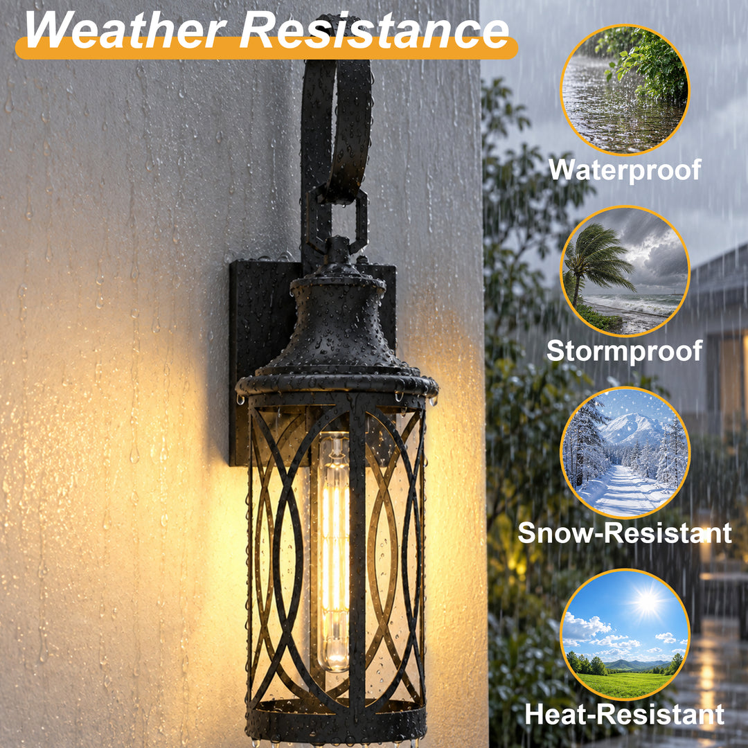 20" Farmhouse Outdoor Wall Sconces with Dusk-to-Dawn Sensor, Waterproof Matte Black Lanterns with Clear Glass, Set of 2 
